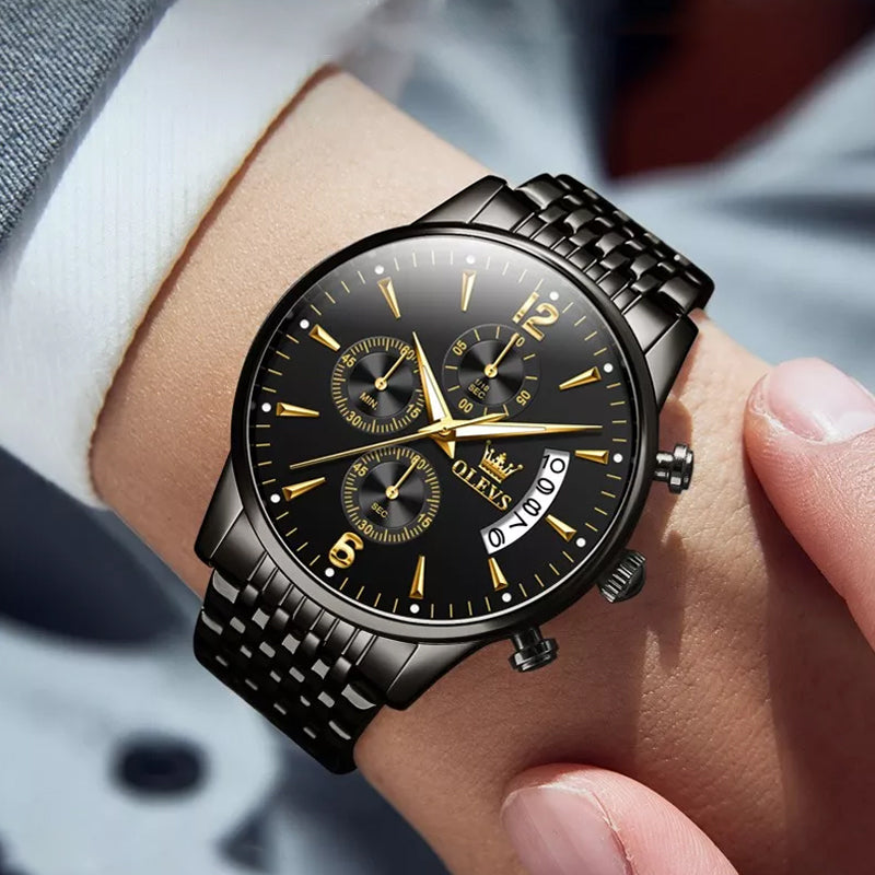 Hjemix | Luksus Gull Tre-Øye Kronograf Skive Automatisk Mekanisk Klokke