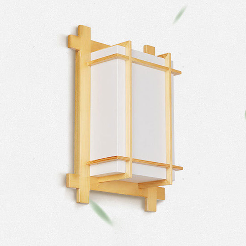 Hjemix | Tradisjonell japansk rektangulær massiv tre ramme faux pergamentskjerm 2-lampe vegglampe for soverom