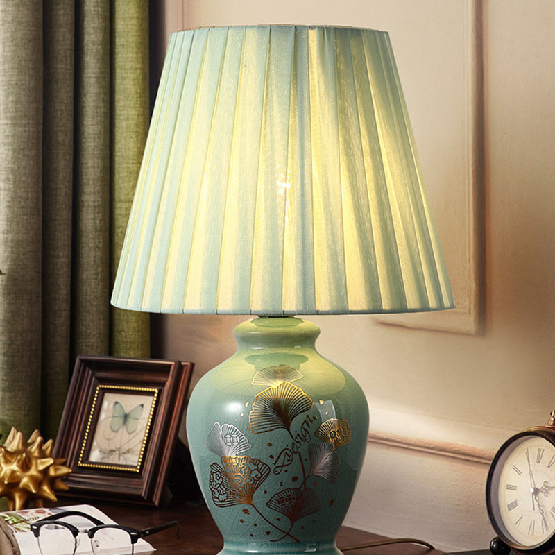 Hjemix | Tradisjonelt kinesisk blomsterdesign rund vifte stoff keramikk 1-lys bordlampe til stuen