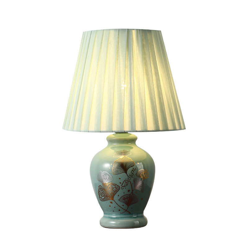 Hjemix | Tradisjonelt kinesisk blomsterdesign rund vifte stoff keramikk 1-lys bordlampe til stuen