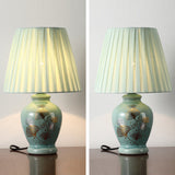 Hjemix | Tradisjonelt kinesisk blomsterdesign rund vifte stoff keramikk 1-lys bordlampe til stuen