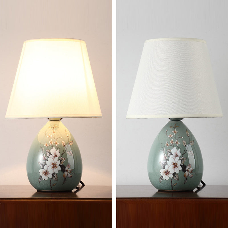 Hjemix | Tradisjonelt kinesisk blomsterdesign rund vifte stoff keramikk 1-lys bordlampe til stuen