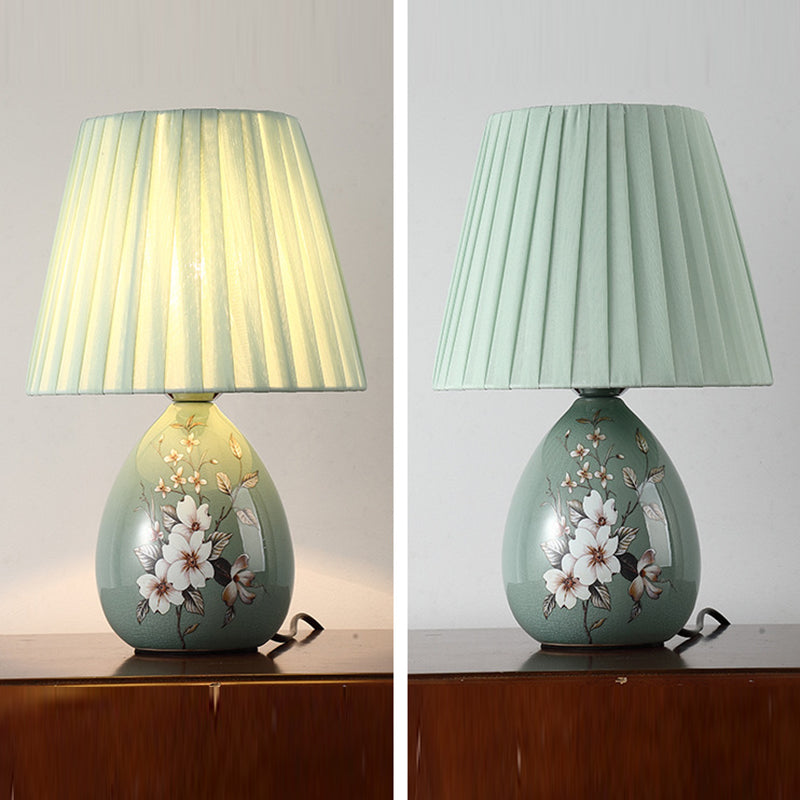 Hjemix | Tradisjonelt kinesisk blomsterdesign rund vifte stoff keramikk 1-lys bordlampe til stuen