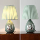 Hjemix | Tradisjonelt kinesisk blomsterdesign rund vifte stoff keramikk 1-lys bordlampe til stuen