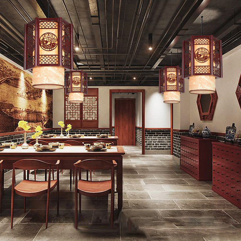 Hjemix | Tradisjonell kinesisk tre-PVC sylinderlykt med utskåret fisk 1-lampe pendellampe for spisestuen