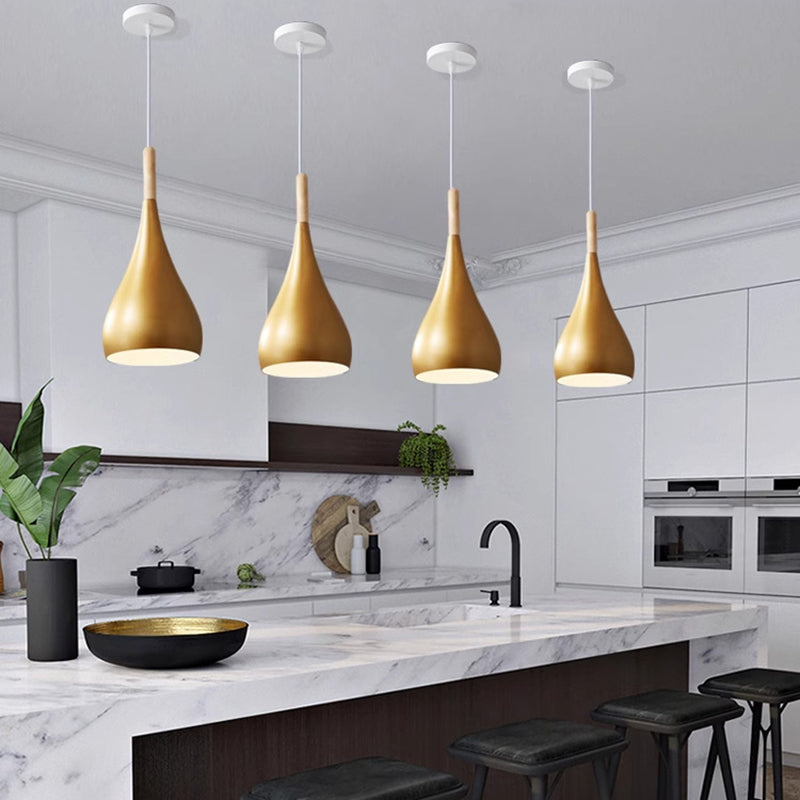 Hjemix | Nordic Iron Wood Aluminium Pumpkin Water Drop 1-Lyskilde Pendellampe for Spisestue
