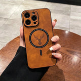 Hjemix | Luxury Deer Leather Apple iPhone Case | Magnetisk telefonveske, trådløs veske, MagSafe, trådløs lading, beskyttelsesveske, deksel for iPhone 15, 14, 13 Pro Max Plus