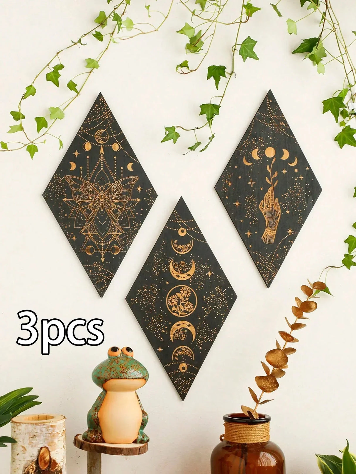 Hjemix | Svart Måne Faser Treveggdekorasjon Rhombus Veggkunst Boho Hjemmedekorasjon Heks Veggteppe Dekorasjon Romdekor A estetisk Gave