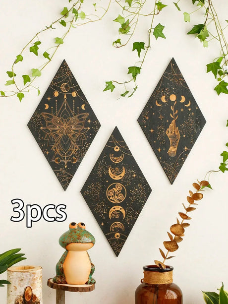 Hjemix | Svart Måne Faser Treveggdekorasjon Rhombus Veggkunst Boho Hjemmedekorasjon Heks Veggteppe Dekorasjon Romdekor A estetisk Gave