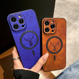 Hjemix | Luxury Deer Leather Apple iPhone Case | Magnetisk telefonveske, trådløs veske, MagSafe, trådløs lading, beskyttelsesveske, deksel for iPhone 15, 14, 13 Pro Max Plus