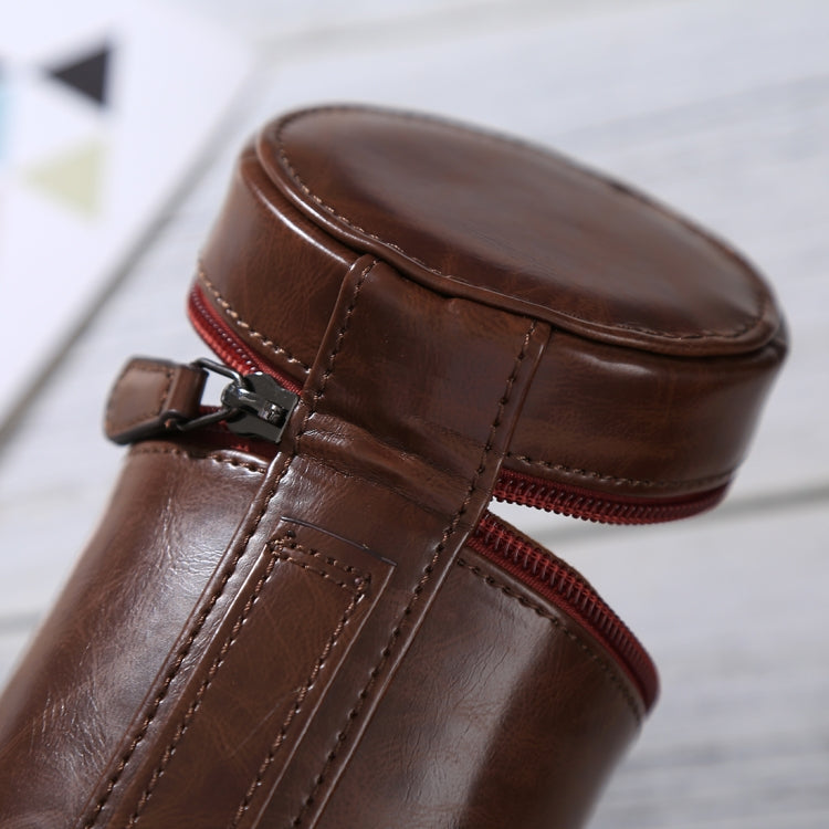 Hjemix | Medium linseetui med glidelås laget av PU-lær for DSLR kameralinse, størrelse: 13x9x9cm (Kaffe)