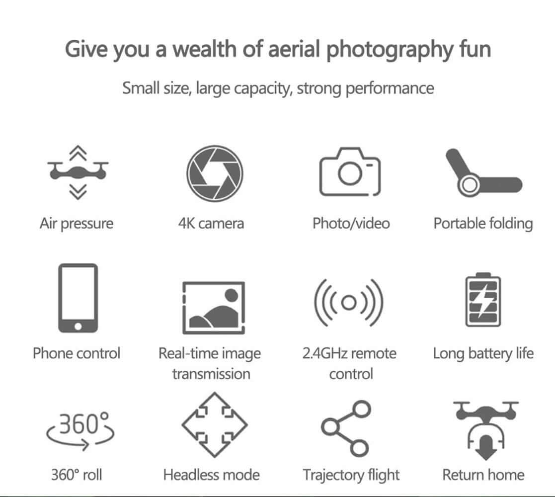 Hjemix | med Kamera Svart 4K Profesjonell HD Kamera WIFI FPV RC Quadcopter Sammenleggbar Helikopter