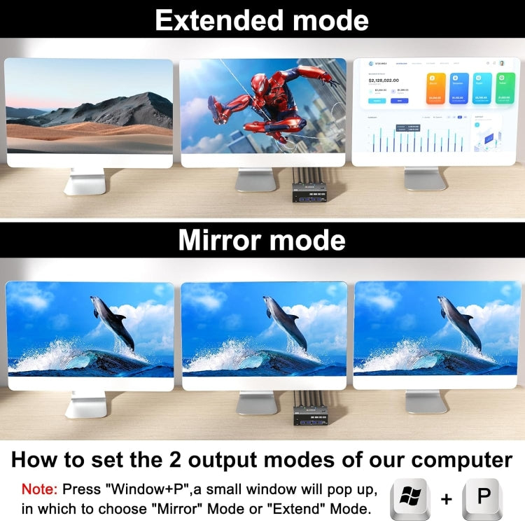 Hjemix | KC-KVM203DH 8K 30Hz USB3.0 DP+DP+HDMI Triple Monitors KVM Switch, EU Plugg