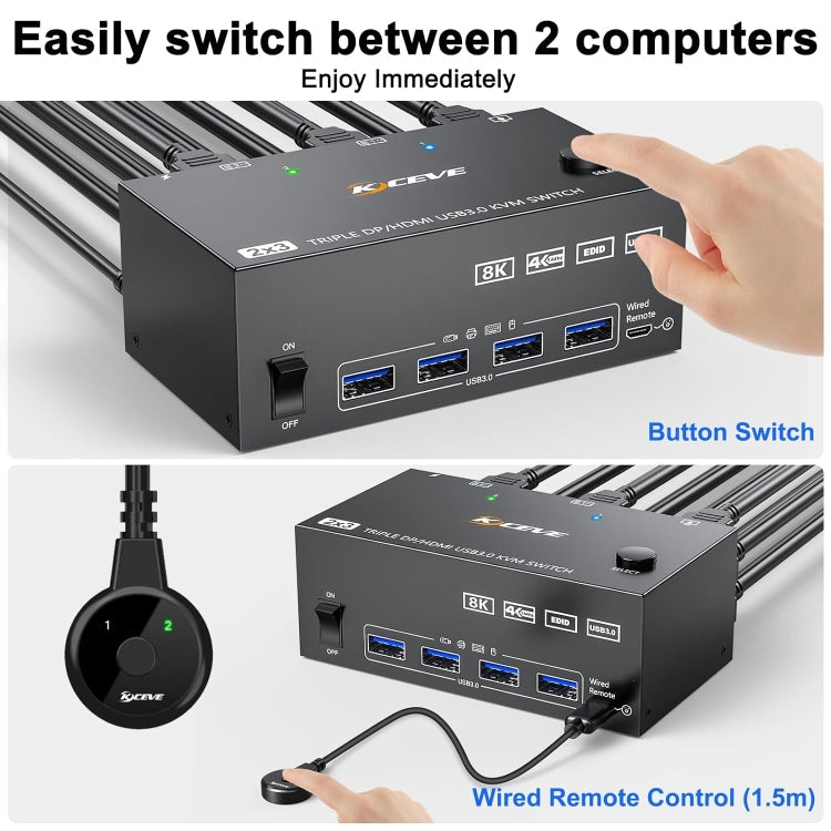 Hjemix | KC-KVM203DH 8K 30Hz USB3.0 DP+DP+HDMI Triple Monitors KVM Switch, EU Plugg