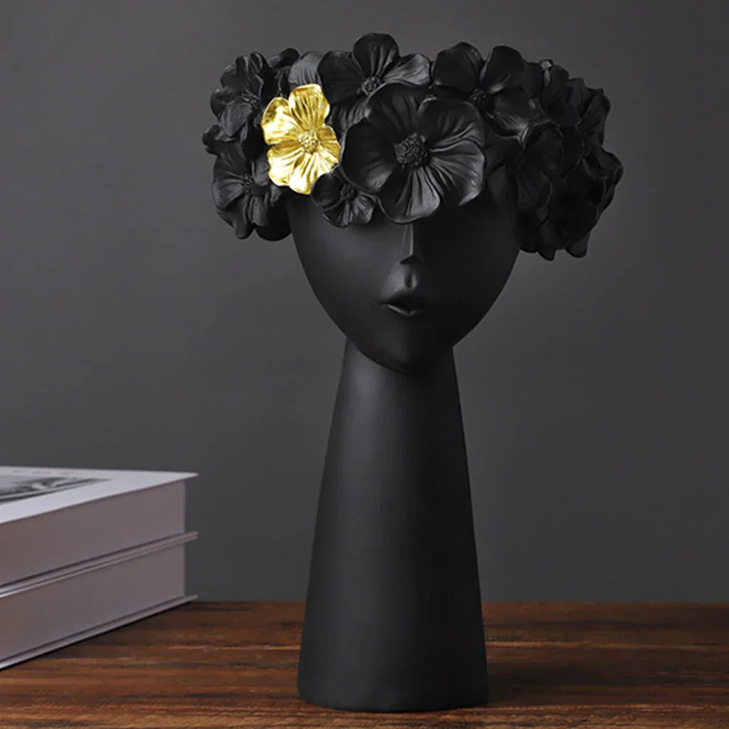 Hjemix | Nordic Girl Hode Blomst Harpiks Vase Statue Blomster Vaser for Kontor Skrivebord Tørkede Blomster Ornamenter Dekor Beholder