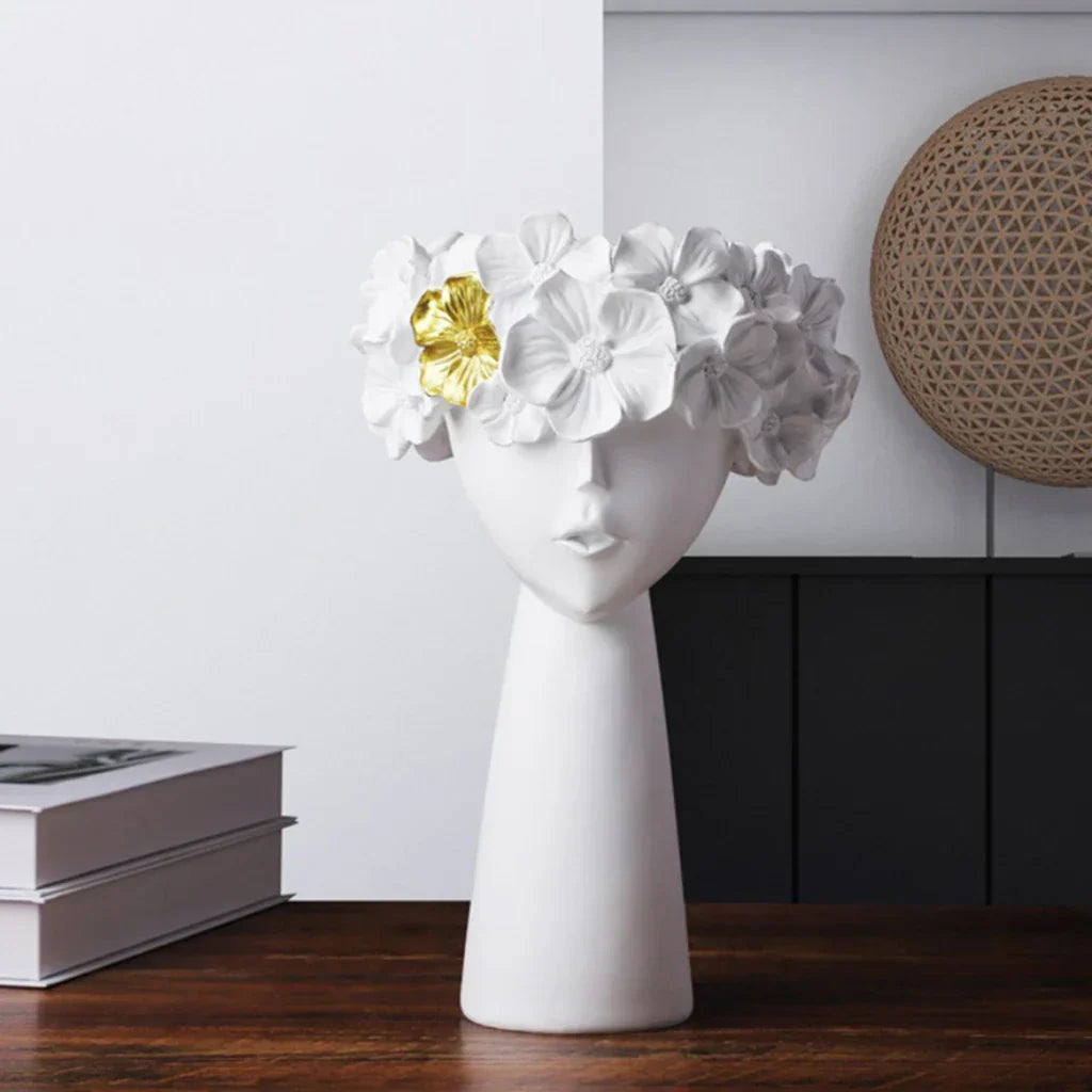 Hjemix | Nordic Girl Hode Blomst Harpiks Vase Statue Blomster Vaser for Kontor Skrivebord Tørkede Blomster Ornamenter Dekor Beholder