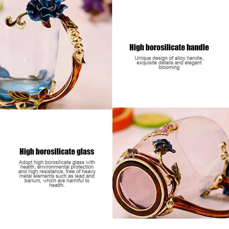 Hjemix | Håndlagde emaljekopper Rose-Glass tekrus med stålskje Luksus unike gaver til bryllup, Valentinsdag, bursdagsgaver