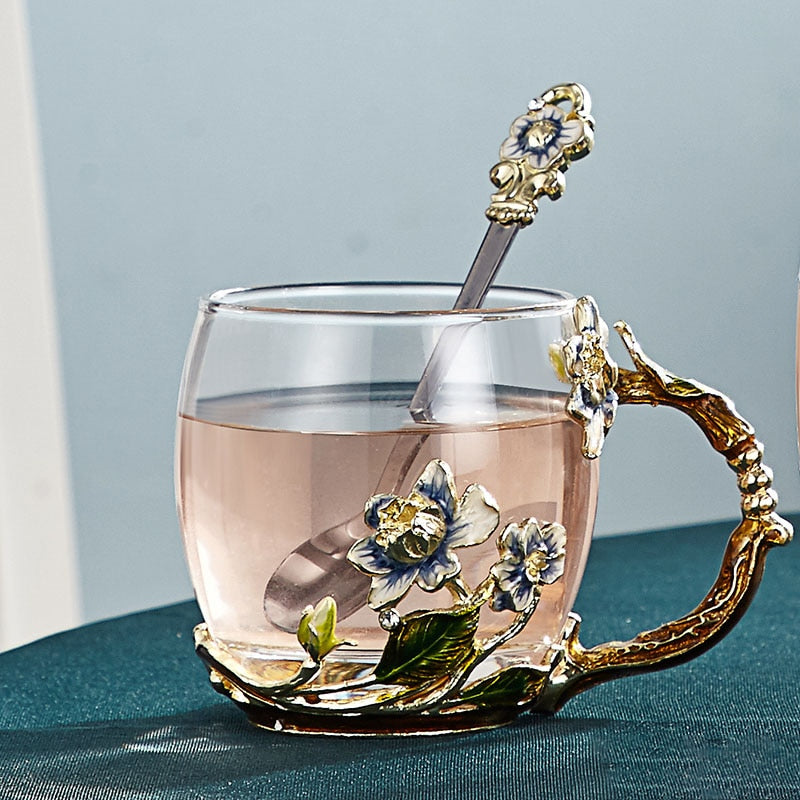 Hjemix | Håndlagd emalje blomster glasskrus for par kjærlighetsgave kan servere kaffe, smaksatt te eller til og med sitronsaft i