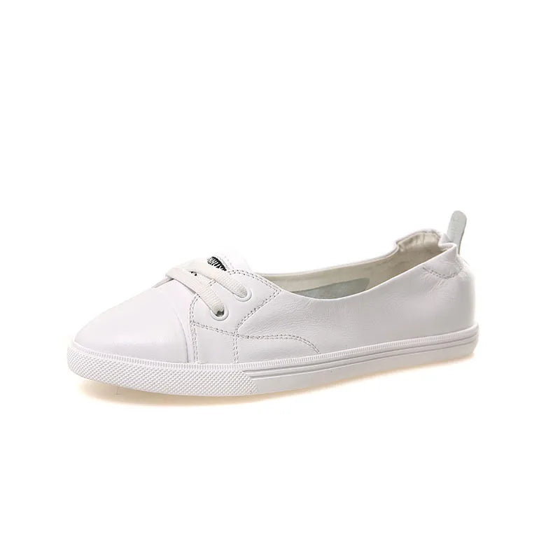 Hjemix | 100% Ekte Lær Sko Kvinner Flate Casual Sko Myk Ku skinn Hvite Flats