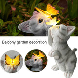 Hjemix | SolarPurr Hagebelysning | LED Katt Figur med Sommerfugl | Soldrevet | Værbestandig | Utendørs Dekorasjon