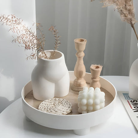 Hjemix | Rund Serveringsbrett - Dekorativt Brett Laget av Tre - Hvitt Brett Laget av Keramikk