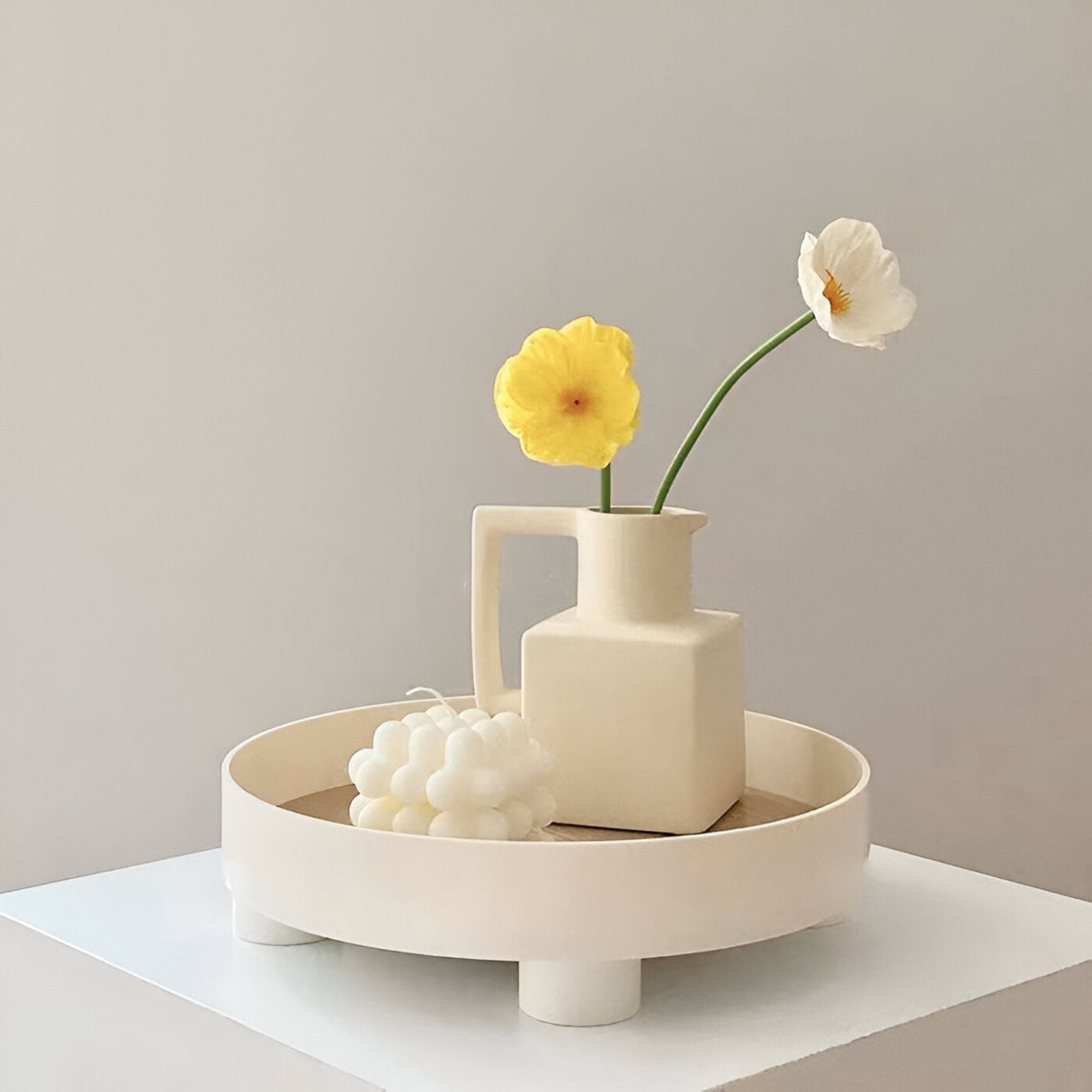 Hjemix | Rund Serveringsbrett - Dekorativt Brett Laget av Tre - Hvitt Brett Laget av Keramikk