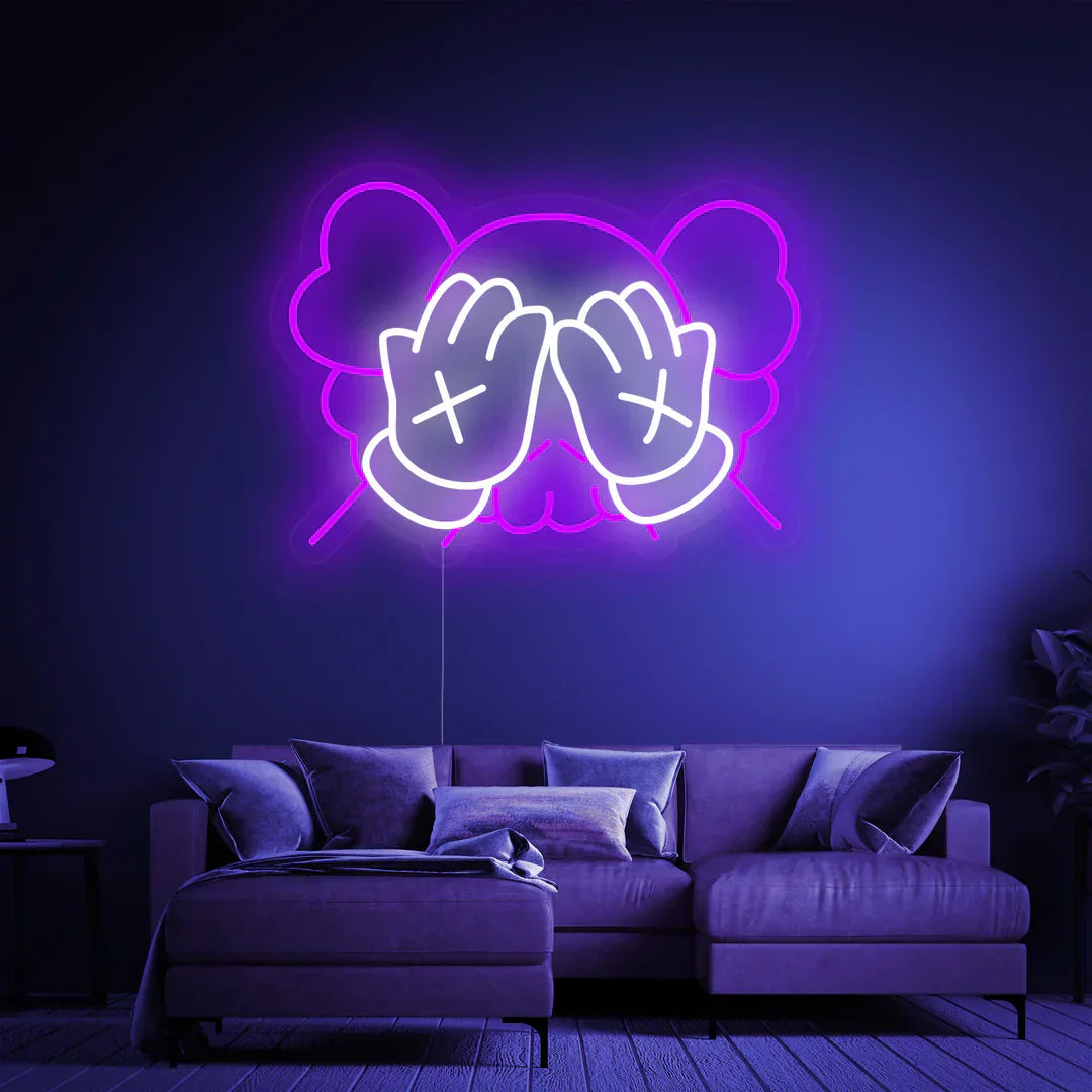Hjemix | KAWS-inspirert tegneseriehender neonskilt for moderne kunstrom og studioer