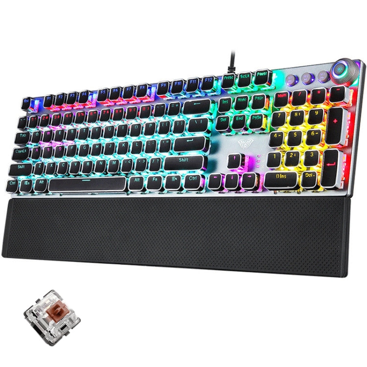 Hjemix | AULA F2088 108 Taster Blandet Lysbelegg Punk Mekanisk Brun Bryter Kablet USB Gaming Tastatur med Metalltast (Sølv)