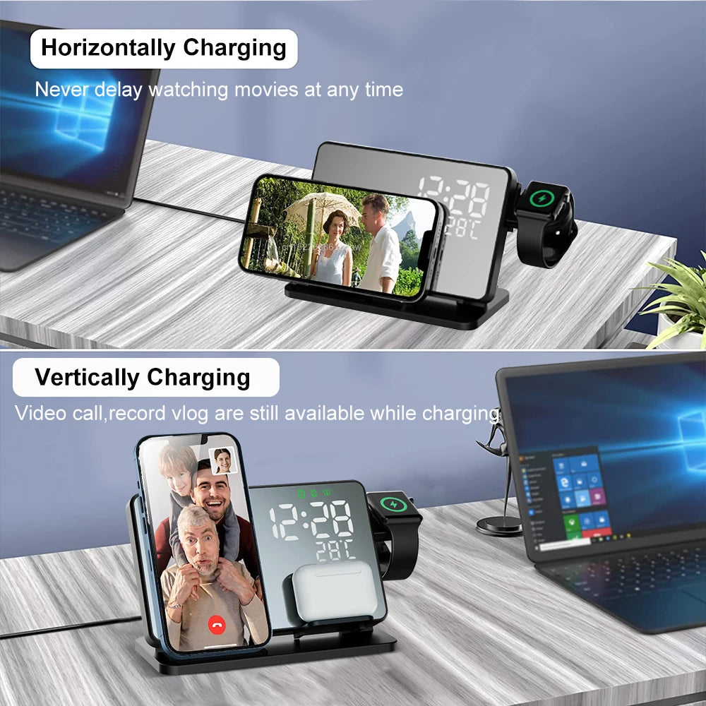 Hjemix | 3-i-1 Hurtiglade Stasjon | Premium Trådløs Hurtiglading Docking Stasjon med Vekkerklokke | for Apple iPhone, Klokke & AirPods