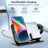 Hjemix | 3-i-1 Hurtiglade Stasjon | Premium Trådløs Hurtiglading Docking Stasjon med Vekkerklokke | for Apple iPhone, Klokke & AirPods