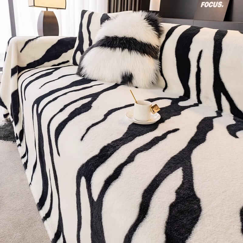Hjemix | Zebra-print fluffy plush sofa protector stylish couch cover