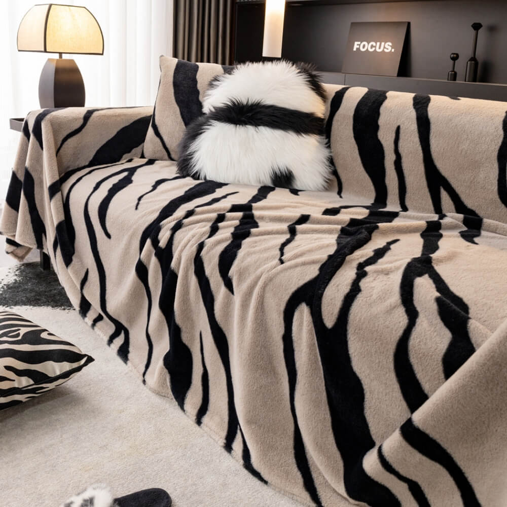Hjemix | Zebra-print fluffy plush sofa protector stylish couch cover