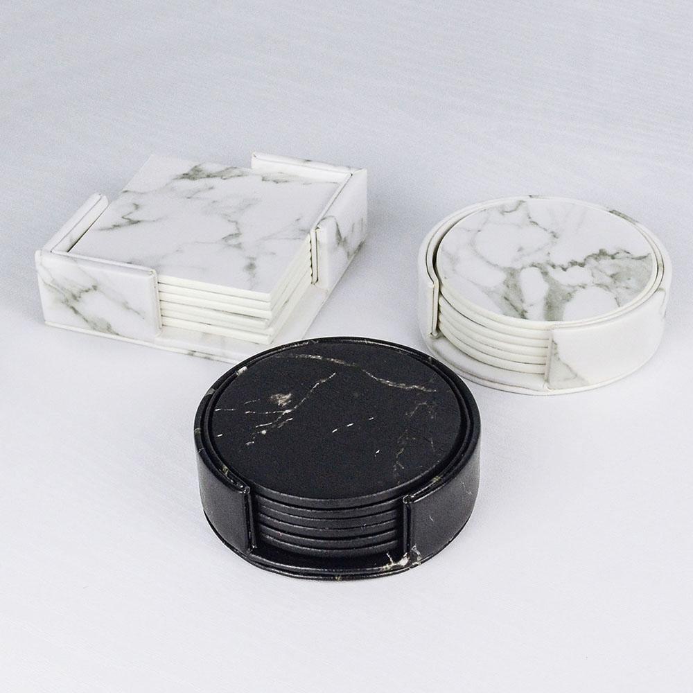 Hjemix | Kystlinje Vegansk Skinn Coaster Sett | Marmorutseende | Stilfull Beskyttelse for Overflater