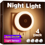 Hjemix | Nattlys plugges inn i veggen [4Pack], nattlys med lysensorer, LED nattlys for barnerommet, baby nattlys, bad natterlys, trappelys, ganglys