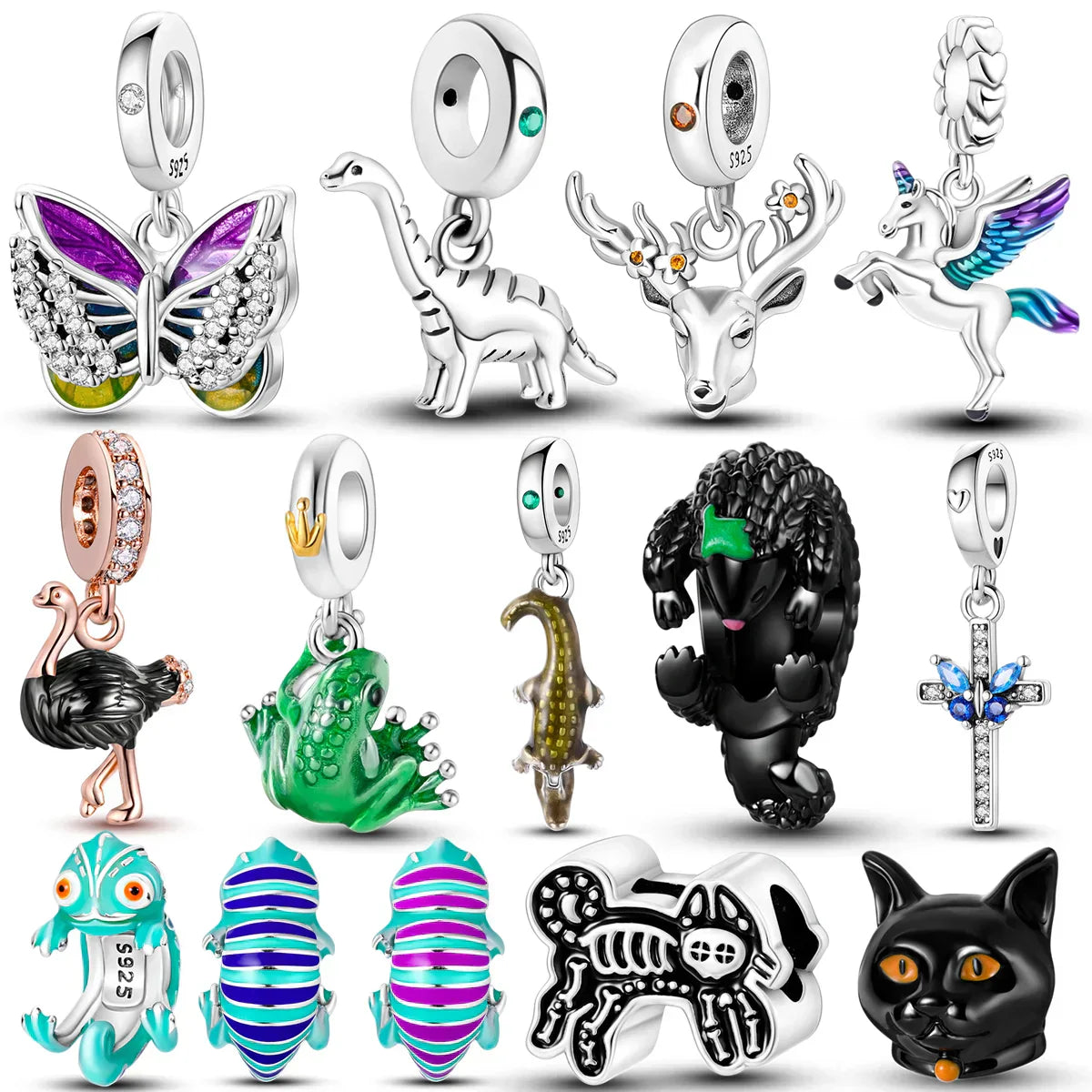 Hjemix | 925 Sølv Gylden Leopard Charms Perler Fargerik Kameleon Nesehorn Løve Skarabé Katt Anheng Kompatibel med Original Pandora Armbånd Smykker