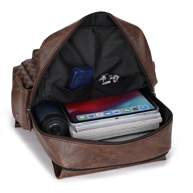 Hjemix | Trendy Rute Business Allsidig Herre Ryggsekk Reise Stor Kapasitet Luksus Merke Design Ryggsekk Menn PU Lær Skole Ryggsekk