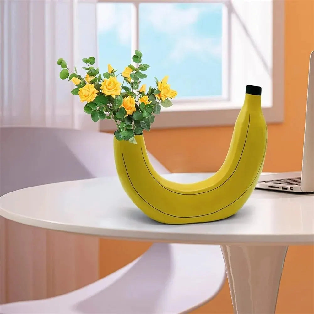 Hjemix | Banan vase, blomster vase laget av harpiks, søt bananform, dekorativ bordvase for blomsterarrangementer, stue, soverom, hjemmedekorasjon