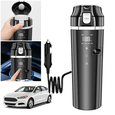 Hjemix | 12V/24V Smart Auto Varmebeholder - Elektrisk vannkoker med temperaturkontroll, rustfritt stål 500ML oppvarmet smart kopp for oppvarming av vann