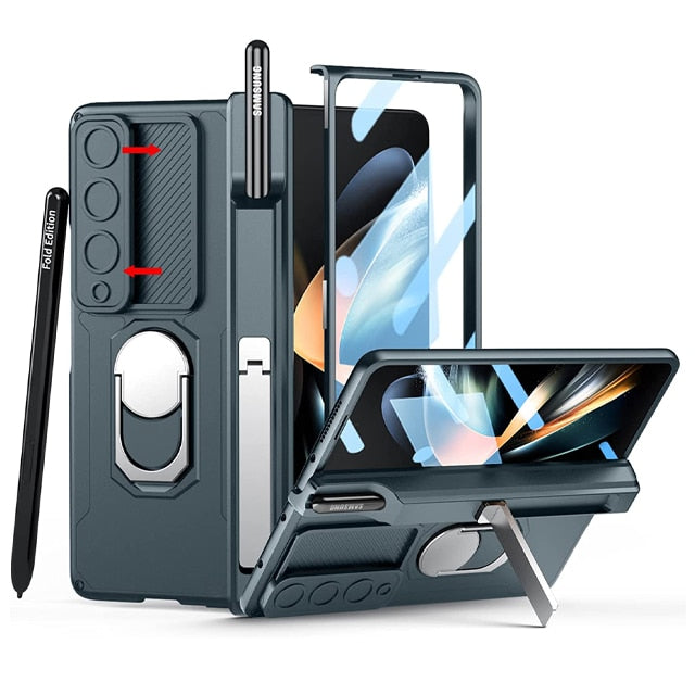 Hjemix | Luksus etui med S Pen-holder og hengslet skjermbeskyttelsesring stativ etui for Samsung Galaxy Z Fold 5 Z Fold 4