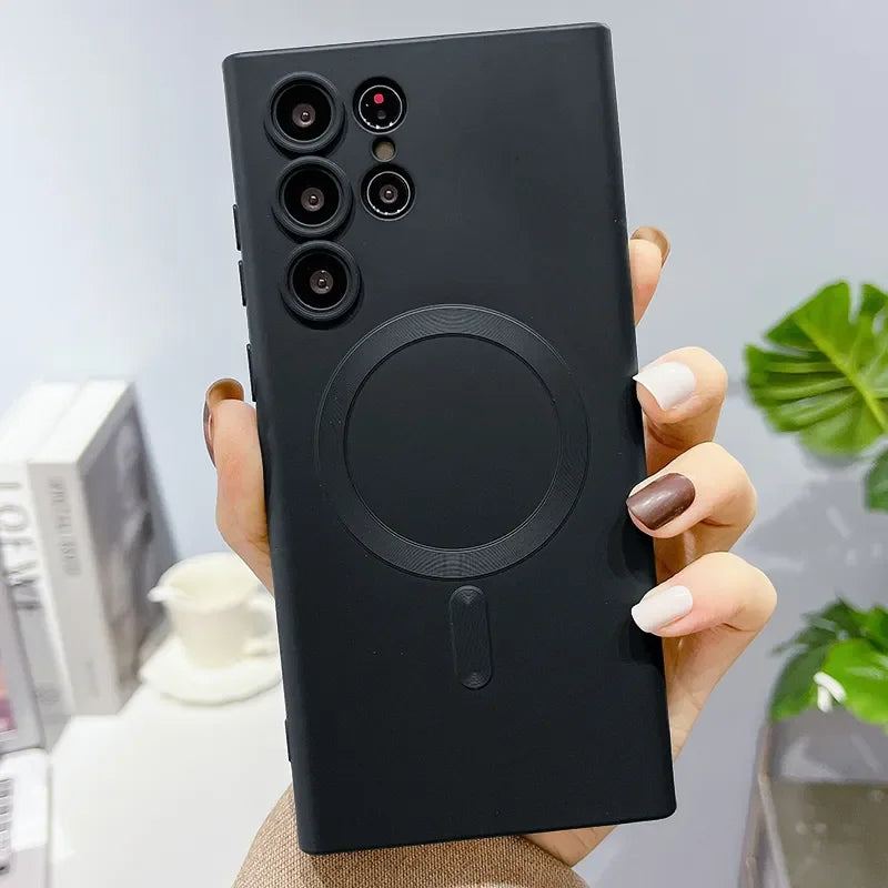 Hjemix | Luksus myk silikon Magsafe-deksel trådløs lade-deksel for Samsung Galaxy S24 S23 S22 S21 Ultra Plus full beskyttelse støtfangerdeksel