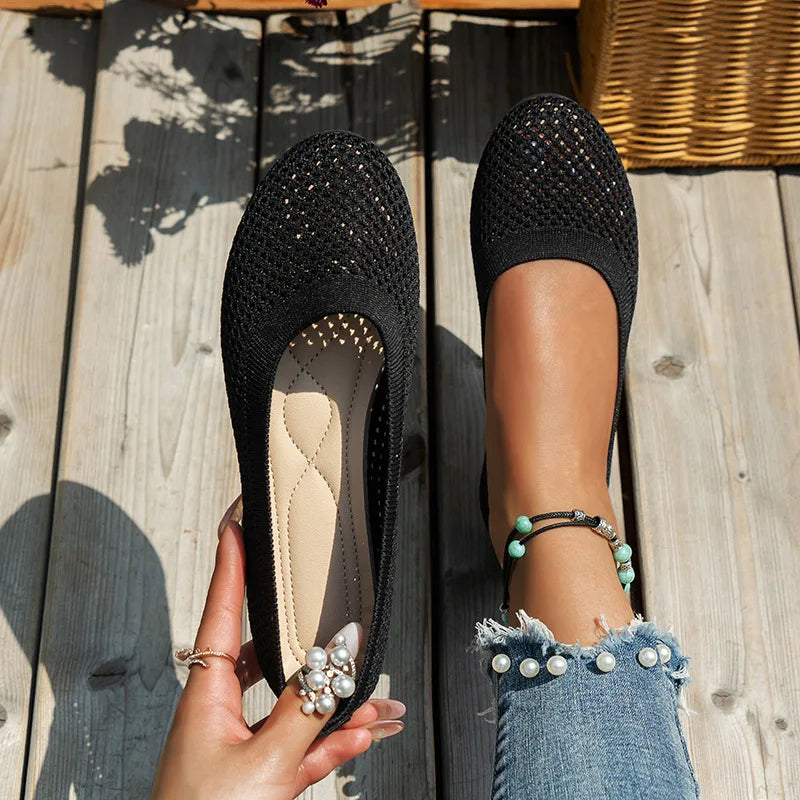 Hjemix | Kvinner Rundtå Flat Sko Solid Farge Strikket Tøfler Casual Pustende Ballett Flats Kvinner Flat Sko Loafers Kvinner