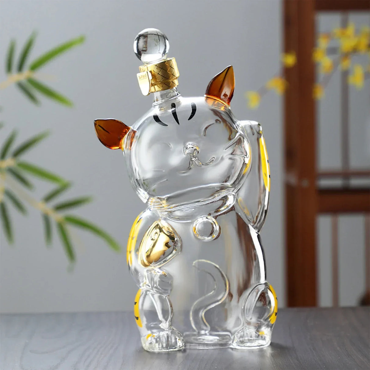 Hjemix | Katformet Glass Dekanter Glassholder med Kork Flaskedekanter Drikkevarer Dispenser Karaffel 1000ml for Middagsfest Dekorasjon Gave