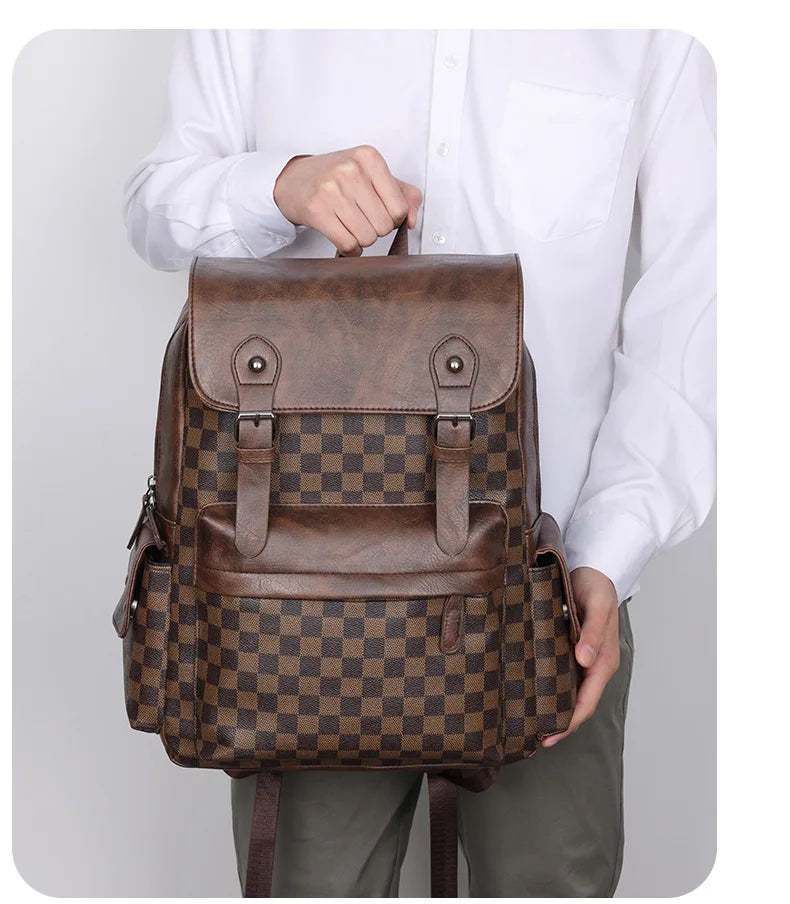 Hjemix | Trendy Rute Business Allsidig Herre Ryggsekk Reise Stor Kapasitet Luksus Merke Design Ryggsekk Menn PU Lær Skole Ryggsekk