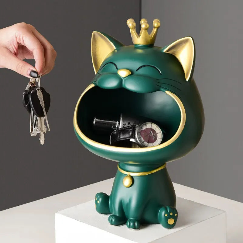 Hjemix | Fortune Crown Big Mouth Cat Entrance Nøkkelholder Dekorativ Ornament, Lett Luksus Hjemmegave Skulptur