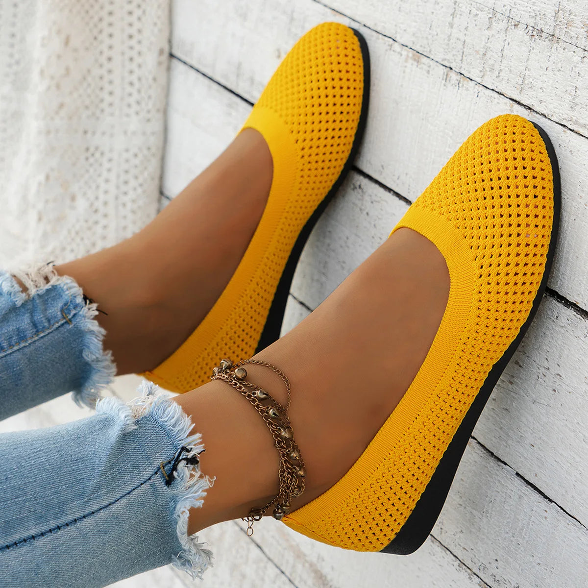 Hjemix | Kvinner Rundtå Flat Sko Solid Farge Strikket Tøfler Casual Pustende Ballett Flats Kvinner Flat Sko Loafers Kvinner