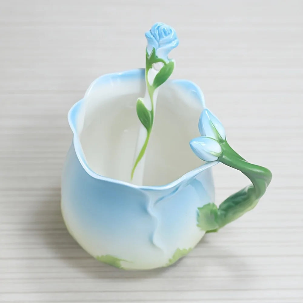 Hjemix | 3D Rose Blomst Kaffe Mugge Keramiske Kaffe Mugger Søte Estetiske Vannkopper med Skje Sommer Vinter Drikke Utstyr Valentinsdag Gaver