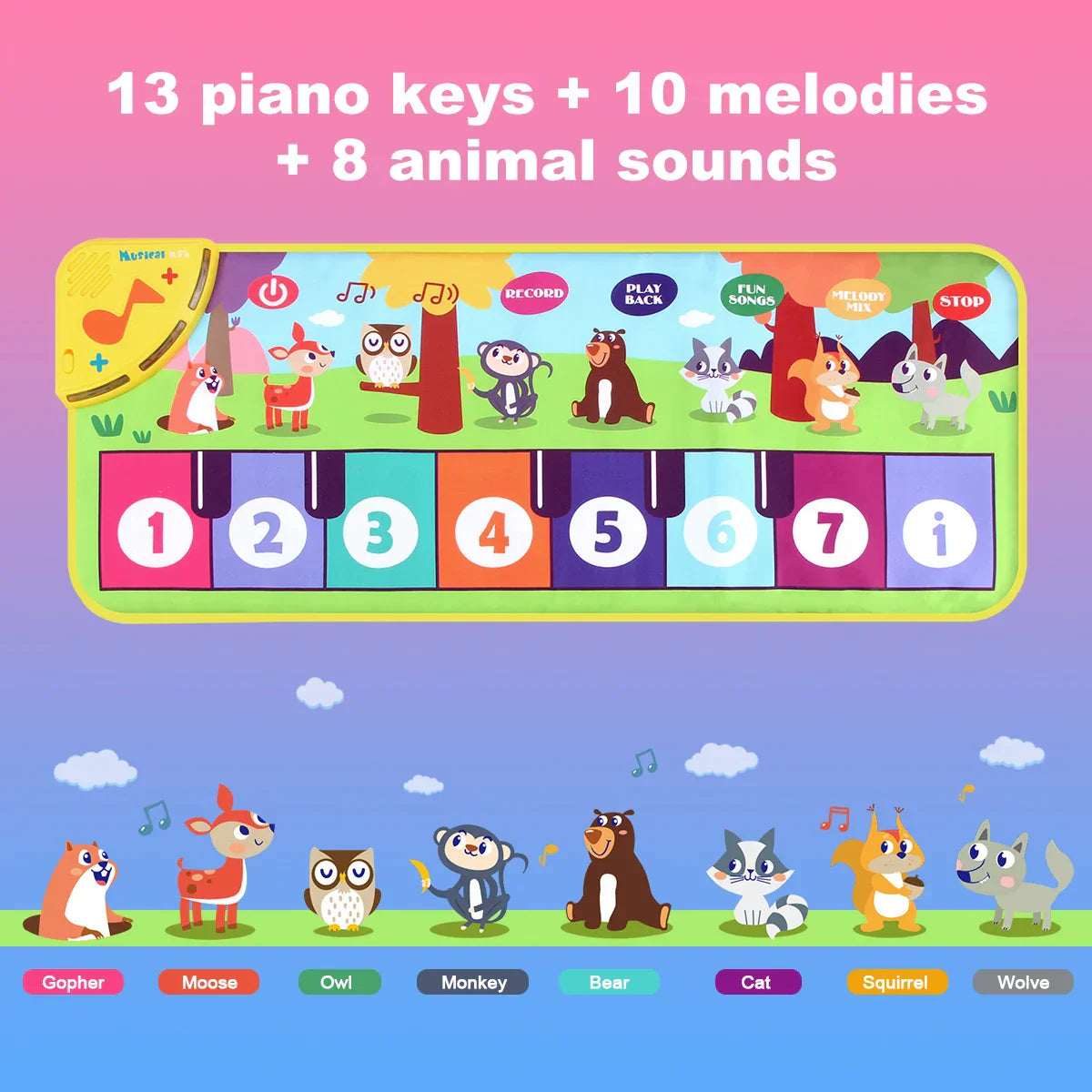 Multifunksjonell Musikalsk Dansematte for Småbarn - Interaktivt Piano Tastatur med Dyrelaterte Lyder, Pedagogisk Gave til Barn, Bærbar Moro!