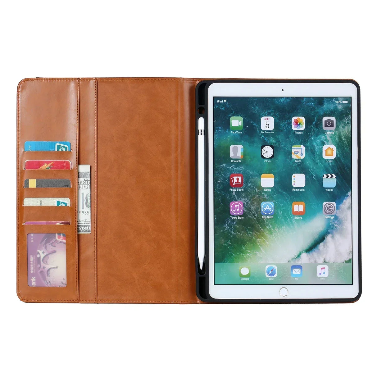 Hjemix | Lær Flip Case for iPad 9.7 (2017-2018), 10.2 (7. / 8. generasjon), Air 2/3/4, Pro 9.7/10.5/11 - Vanntett, Støtsikker, Forretnings Tablet Case