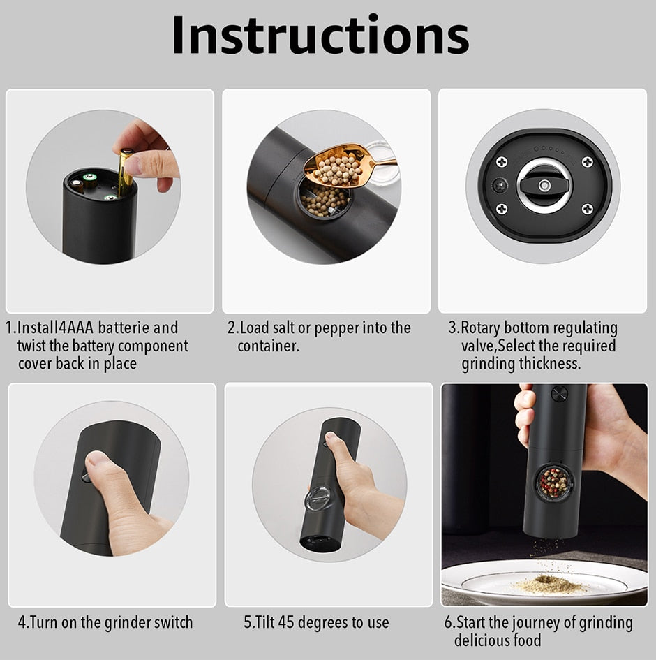 Hjemix | Elektrisk automatisk pepper- og saltkvern med LED-lys og justerbar maling - Perfekt for kjøkkenet eller restauranten