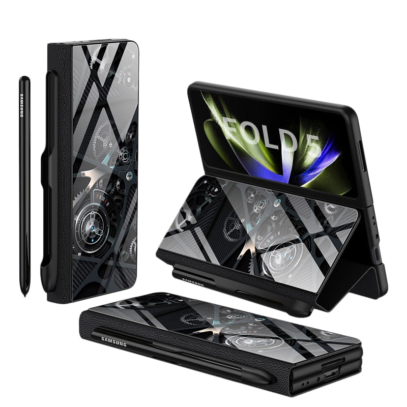 Hjemix | Støtbestandig Rustningssak Glassdeksler Stativ Sett Inn Kort Lærsak for Samsung Galaxy Z Fold 5/4